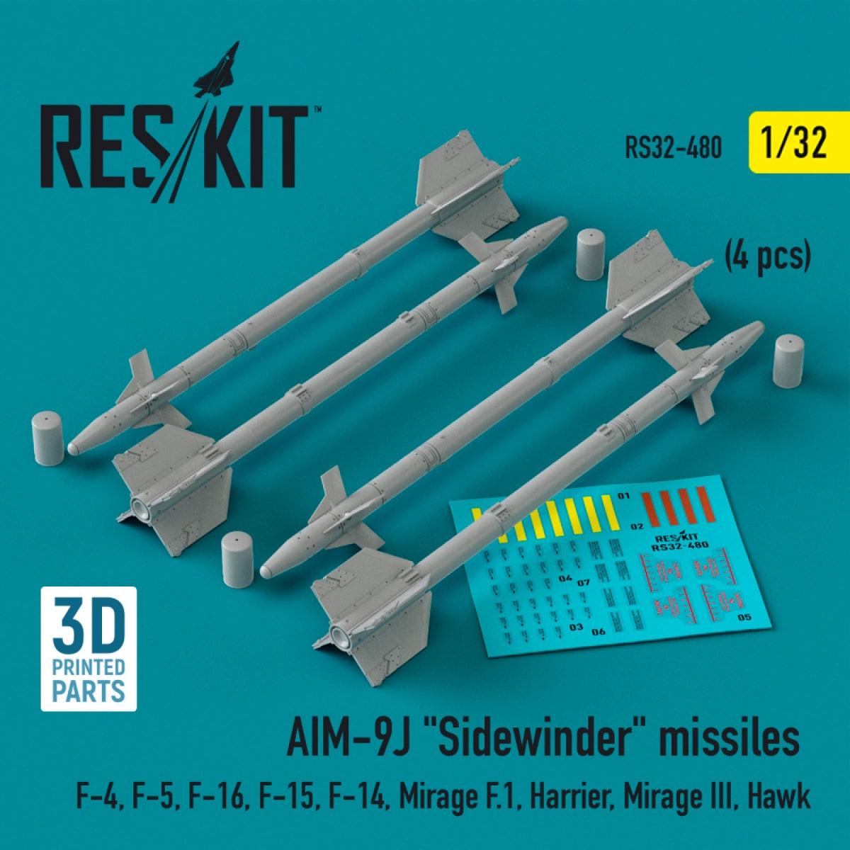 RESKIT RS32-0480 AIM-9J "Sidewinder" missiles (4 pcs) (3D Printed) 1/32