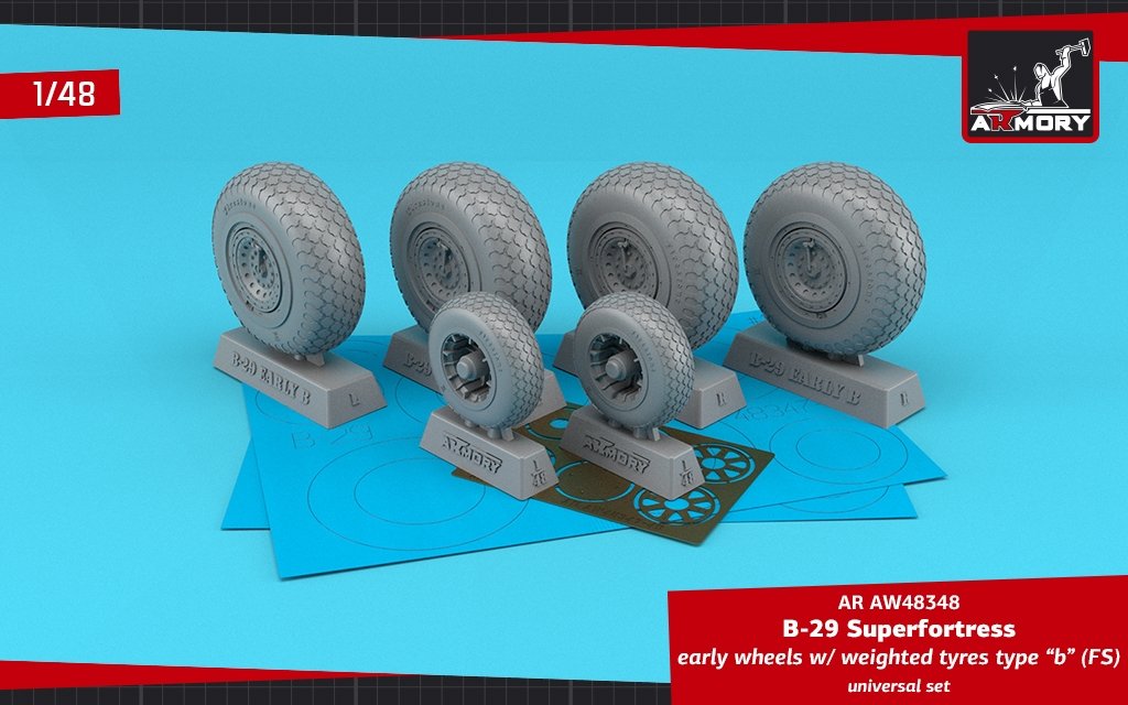 Armory Models AW48348 B-29 Superfortress early production wheels w/ weighted tires type “b” (FS) &amp;amp; PE hubcaps 1/48