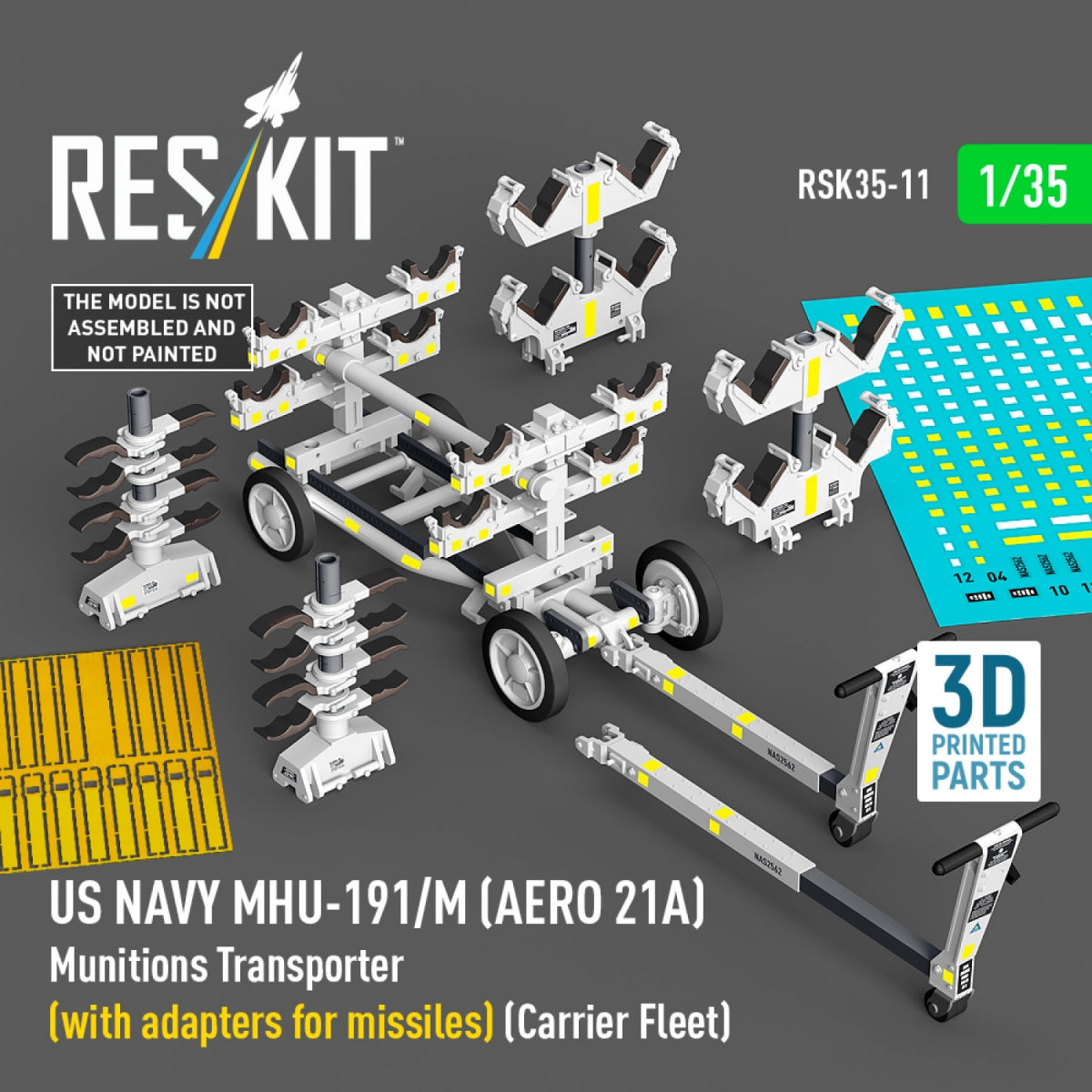 RESKIT RSK35-0011 US NAVY MHU-191/M (AERO 21A) Munitions Transporter (with adapters for missiles) (Carrier Fleet) (3D Printed model kit) 1/35 – image 2