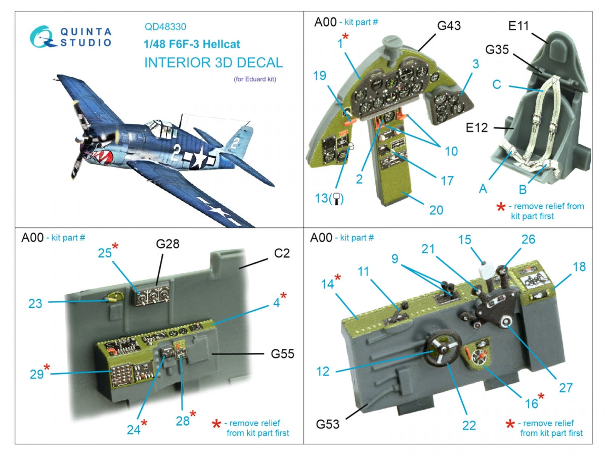 Quinta Studio QD48330 F6F-3 Hellcat 3D-Printed &amp;amp; colored Interior on decal paper (Eduard) 1/48 – image 2