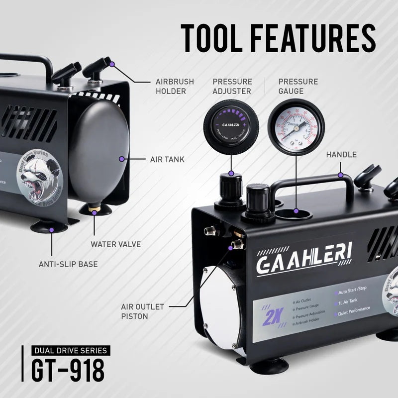 Gaahleri 43127 Dual Drive Series Airbrush Kit Compressor GT-918 – imagen 8