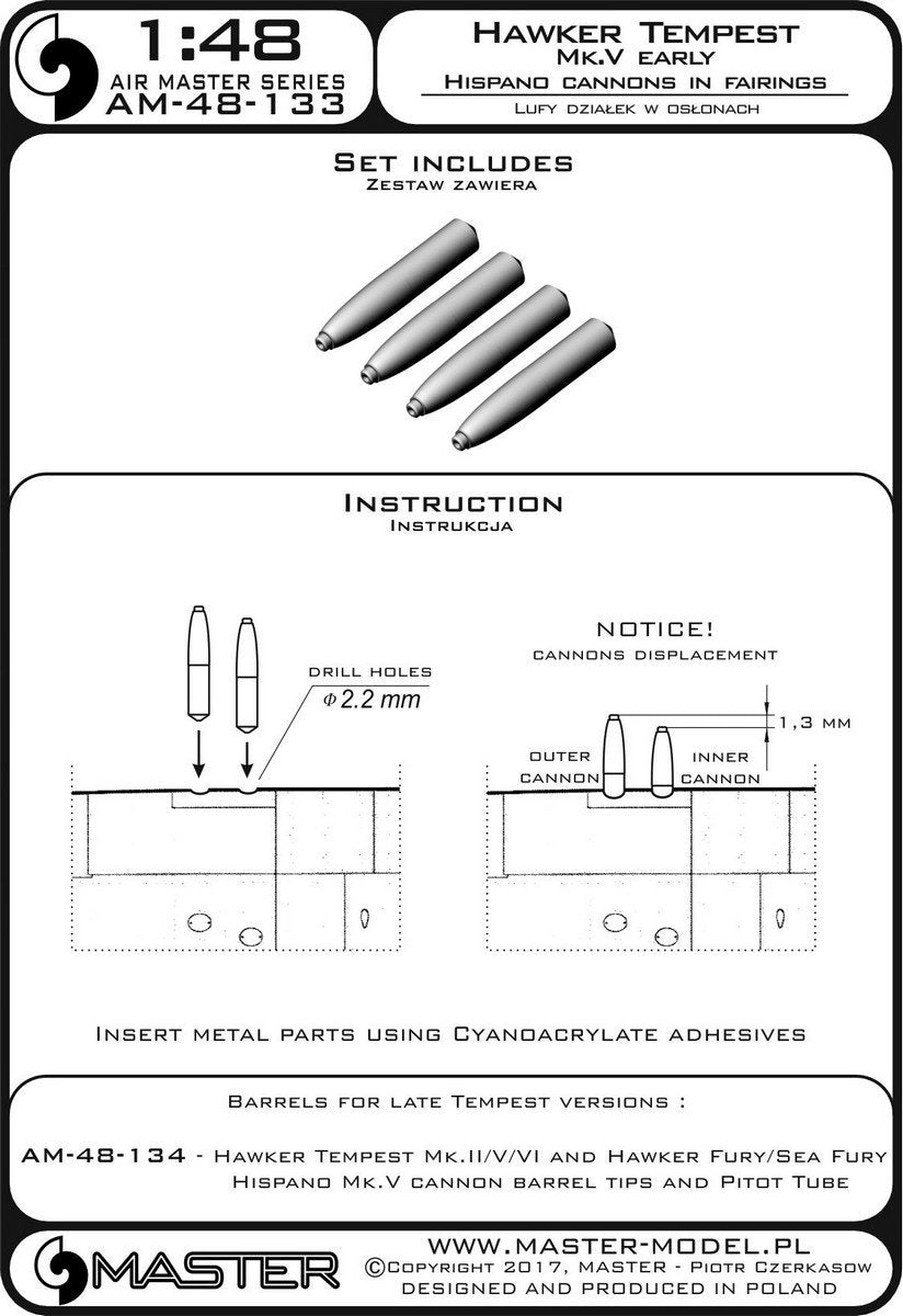 Master AM-48-133 Hawker Tempest Mk.V wczesna wersja - lufy działek Hispano 20mm w osłonach (4 szt.) 1/48 – immagine 3
