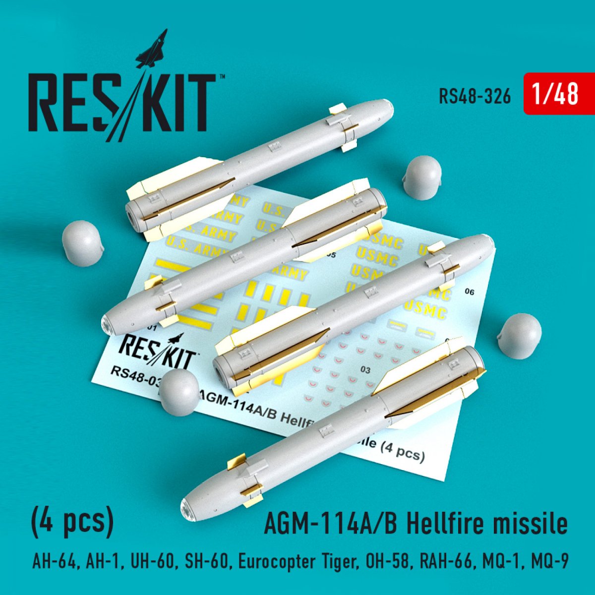 RESKIT RS48-0326 AGM-114A/B HELLFIRE MISSILES (4PCS) 1/48