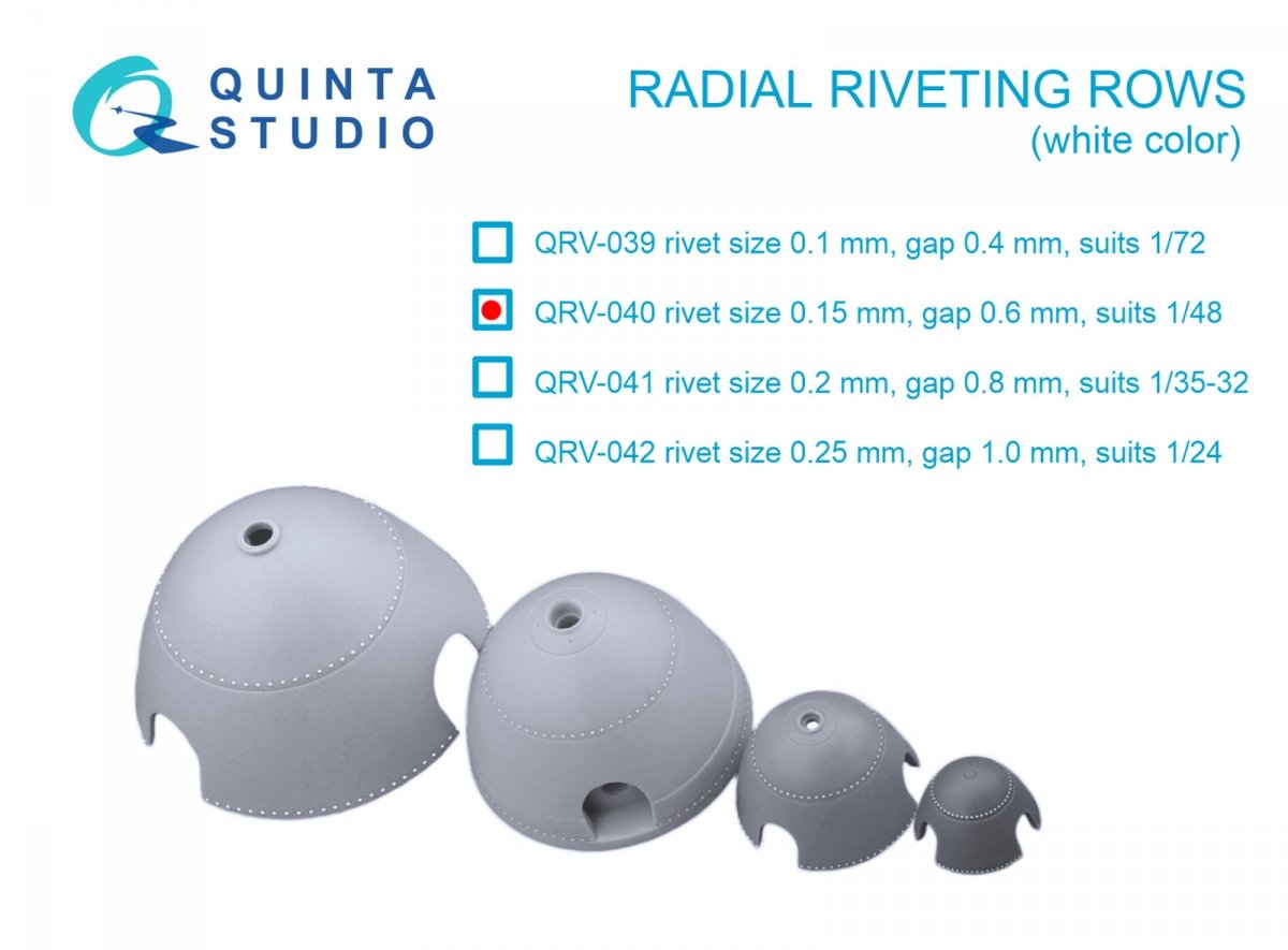 Quinta Studio QRV-040 Radial riveting rows (rivet size 0.15 mm, gap 0.6 mm, suits 1/48), White color 1/48