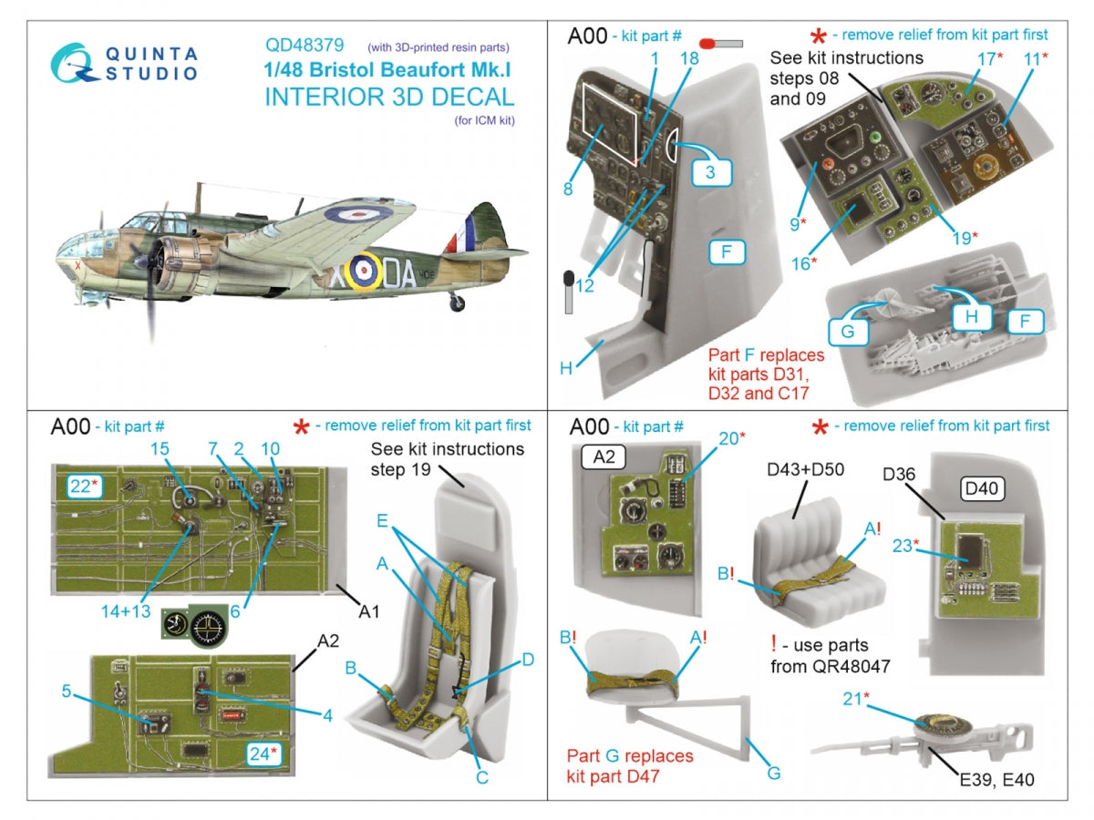 Quinta Studio QD+48379 Bristol Beaufort Mk.I 3D-Printed &amp;amp; coloured Interior on decal paper (ICM) (with 3D-printed resin parts) 1/48 – zdjęcie 2
