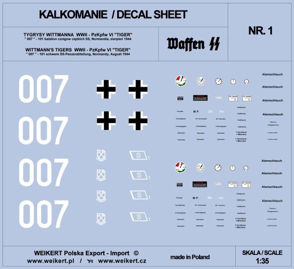 Weikert Decals DEC201 TIGER I - tank 007 - 101st SS Heavy Tank Battalion, Normandie, Août 1944 - vol.1 1/35