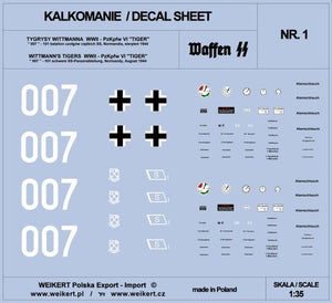 Weikert Decals DEC201 TIGER I - czołg 007 - 101 batalion czołgów ciężkich SS, Normandia, sierpień 1944 - vol.1 1/35