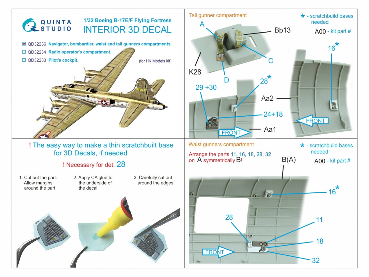Quinta Studio QD32236 Boeing B-17E/F Navigator, bombardier, waist and tail gunners compartments. 3D-Printed coloured Interior (HK models) 1/32 – zdjęcie 10