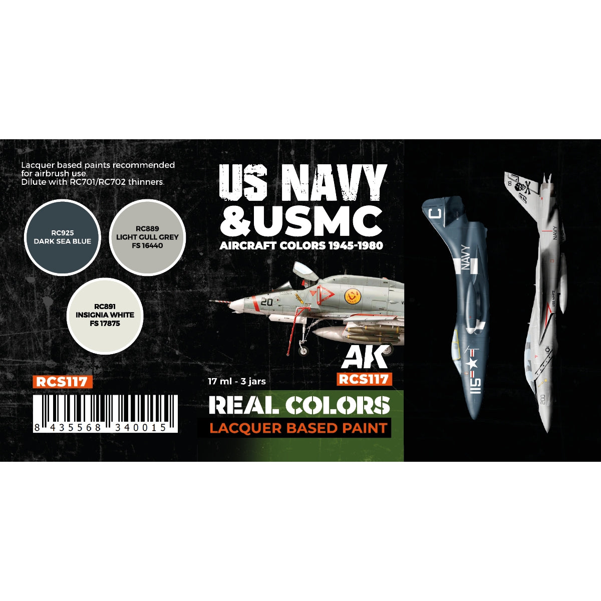 AK Interactive RCS117 US Navy &amp;amp; USMC Aircraft Colors 1945-1980 3x17ml – immagine 2