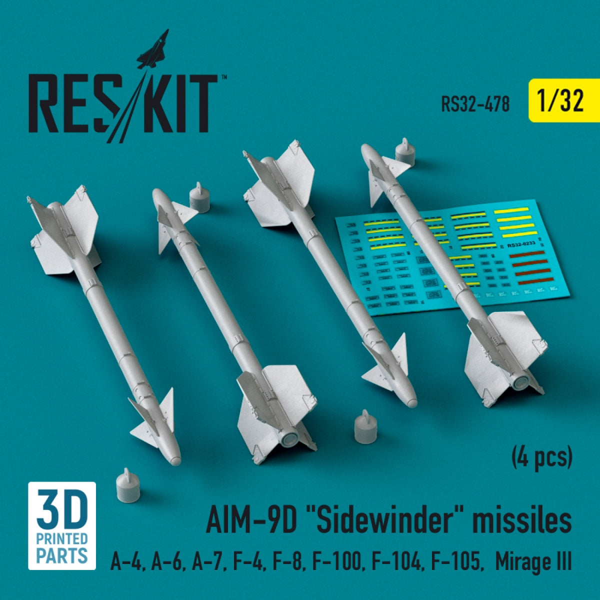 RESKIT RS32-0478 AIM-9D &amp;quot;Sidewinder&amp;quot; missiles (4 pcs) (3D Printed) 1/32