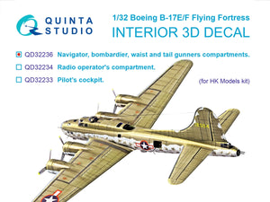 Quinta Studio QD32236 Boeing B-17E/F Navigator, bombardier, waist and tail gunners compartments. 3D-Printed coloured Interior (HK models) 1/32
