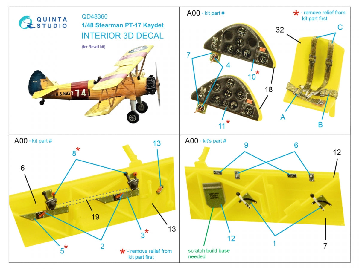 Quinta Studio QD48360 Stearman Pt-17 Kaydet 3D-Printed &amp;amp; coloured Interior on decal paper (Revell) 1/48 – zdjęcie 2