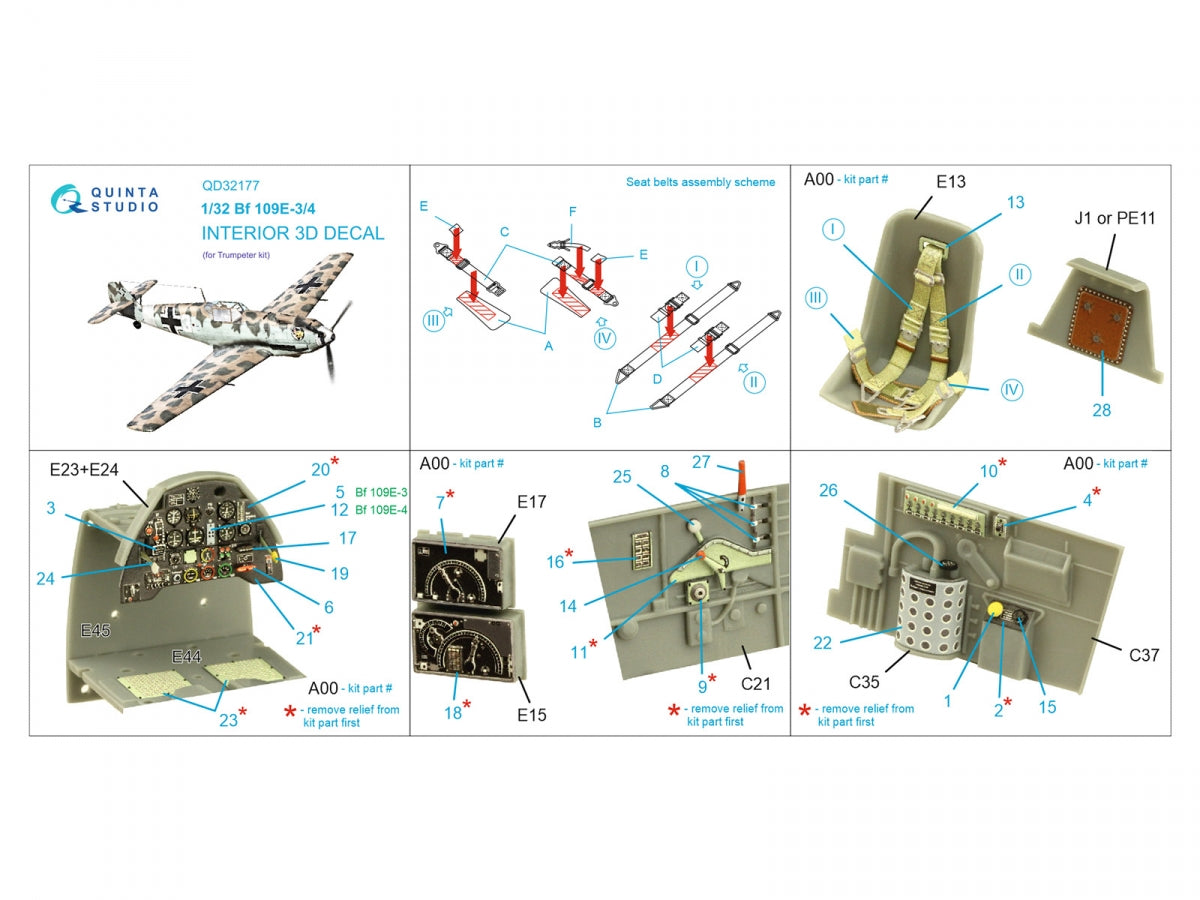 Quinta Studio QD32177 Bf 109E3/4 3D-Printed coloured Interior on decal paper (Trumpeter) 1/32 – zdjęcie 2