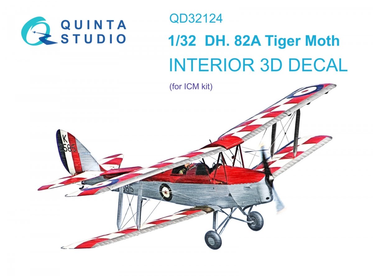 Quinta Studio QD32124 DH 82A Tiger Moth 3D-Printed &amp;amp; colored Interior on decal paper (ICM) 1/32