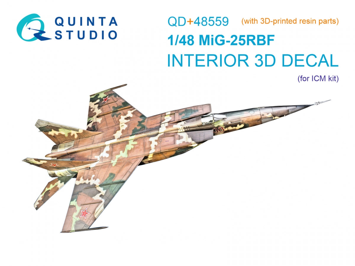 Intérieur imprimé en 3D et coloré sur papier décalcomanie (ICM) pour MiG-25RBF de Quinta Studio QD+48559 (avec pièces en résine imprimées en 3D) à l'échelle 1/48
