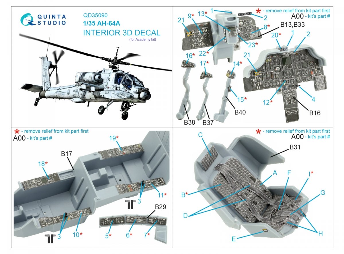 Quinta Studio QD35090 AH-64A 3D-Printed &amp;amp; coloured Interior on decal paper (Academy) 1/35 – zdjęcie 2