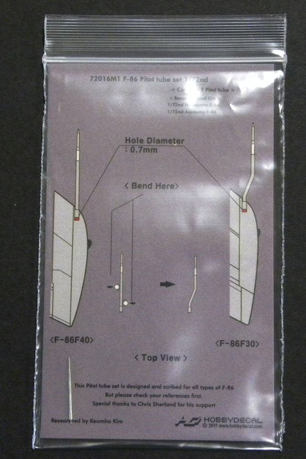 HobbyDecal MT72016V1 Kit de tubes Pitot pour F-86, échelle 1/72