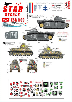 Star Decals 72-A1109 FFI # 2. Re-captured Beute-Panzers. French Resistance - Forces Françaises de l&amp;#39;Intérieur 1/72