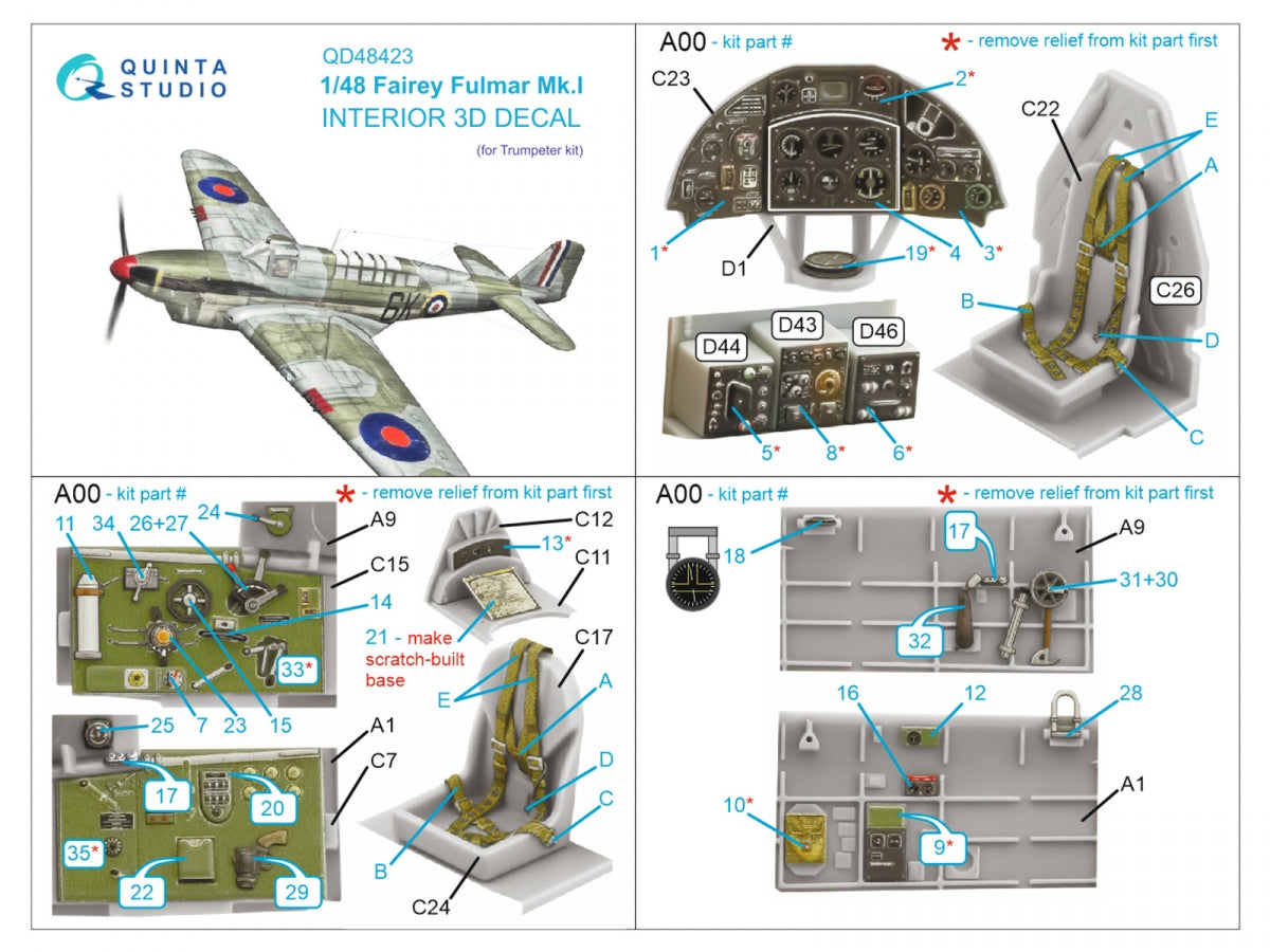 Quinta Studio QD48423 Fairey Fulmar Mk.I 3D-Printed &amp;amp; coloured Interior on decal paper (Trumpeter) 1/48 – zdjęcie 2