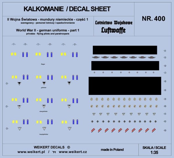 Weikert Decals DEC400 Uniformes allemands - Partie 1 - Luftwaffe - Personnel de l'Armée de l'Air et Parachutistes 1/35
