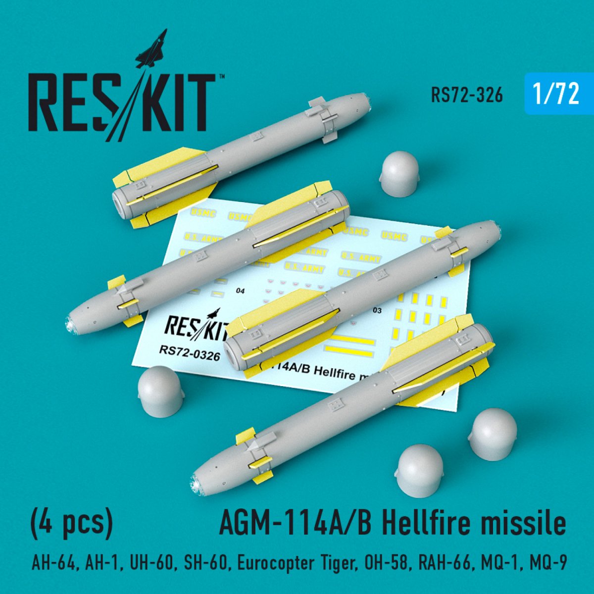 RESKIT RS72-0326 AGM-114A/B HELLFIRE MISSILES (4 PCS) 1/72