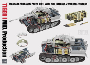 Rye Field Model 5100 TIGER I MID.Production STANDARD/CUT AWAY PARTS 2 IN 1 WITH FULL INTERIOR&amp;amp;WORKABLE TRACKS 1/35 – immagine 2