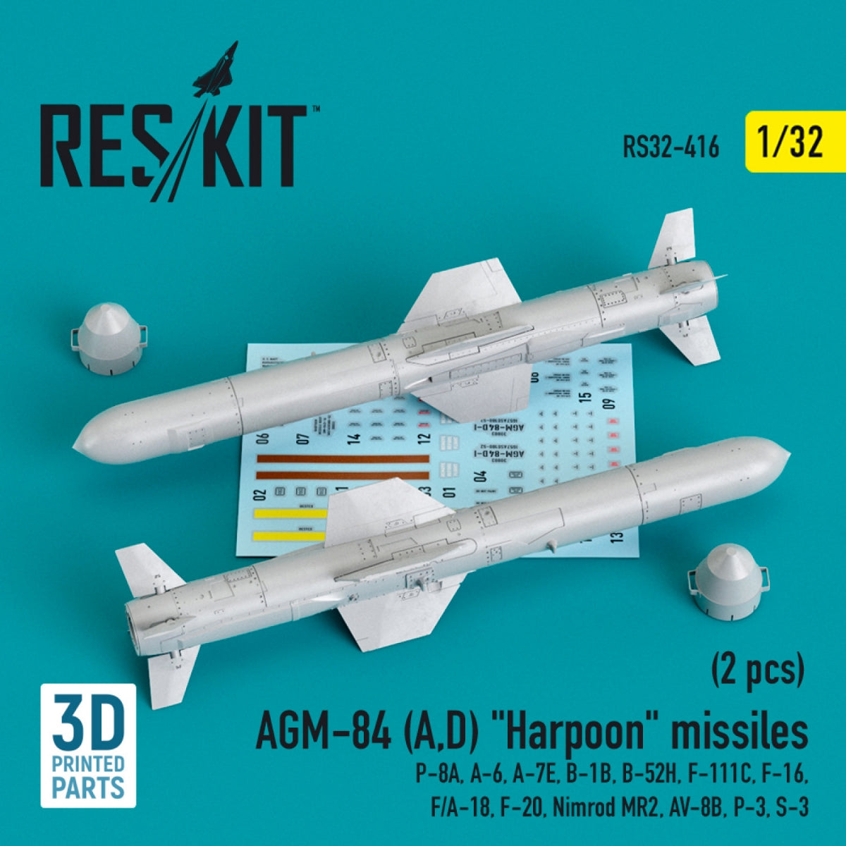 RESKIT RS32-0416 AGM-84 (A,D) "HARPOON" MISSILES (2 PCS) (3D PRINTED) 1/32