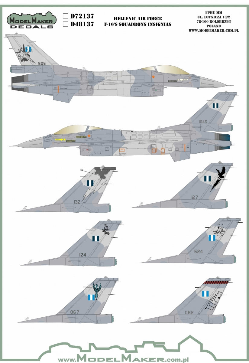 Décalcomanies ModelMaker D48137 Escadrons de F-16 de l'Armée de l'air hellénique 1/48
