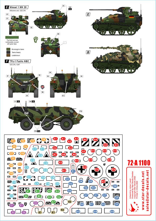 Star Decals 72-A1100 ISAF-Afghanistan # 1. GECON - Peacekeepers from Germany. Wiesel I MK 20, Fuchs APC, Fuchs NBC, Fuchs Sanität vehicle. 1/72 – zdjęcie 3