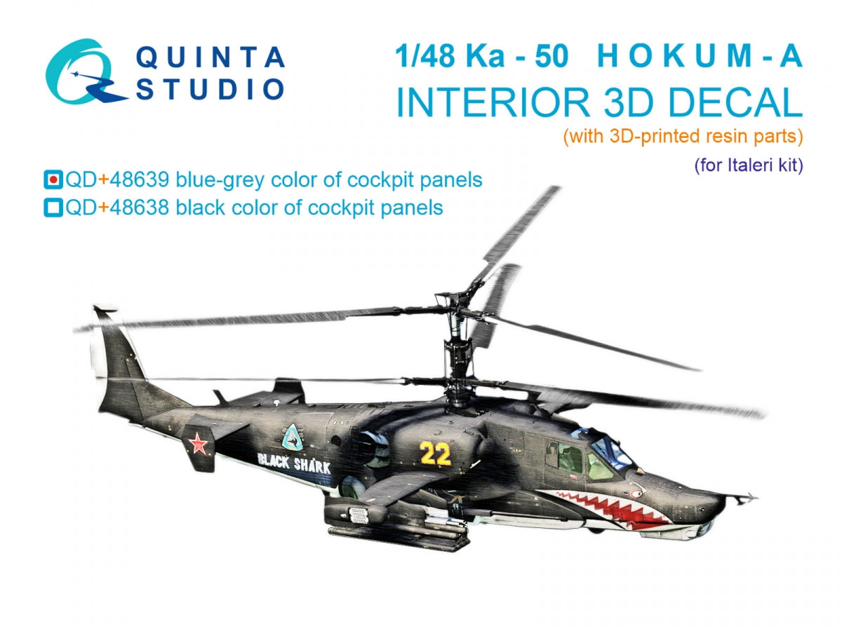 Quinta Studio QD+48639 Ka-50 (blue-grey panels) 3D-Printed &amp; coloured Interior on decal paper (Italeri) (with 3D-printed resin parts) 1/48
