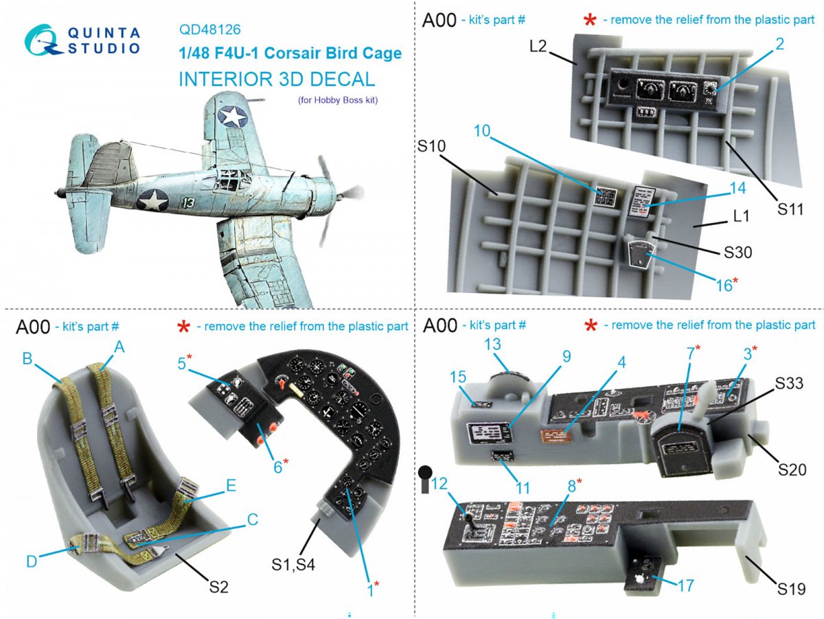 Quinta Studio QD48126 F4U-1 Corsair (Birdcage) 3D-Printed &amp;amp; colored Interior on decal paper (Hobby Boss) 1/48 – image 8