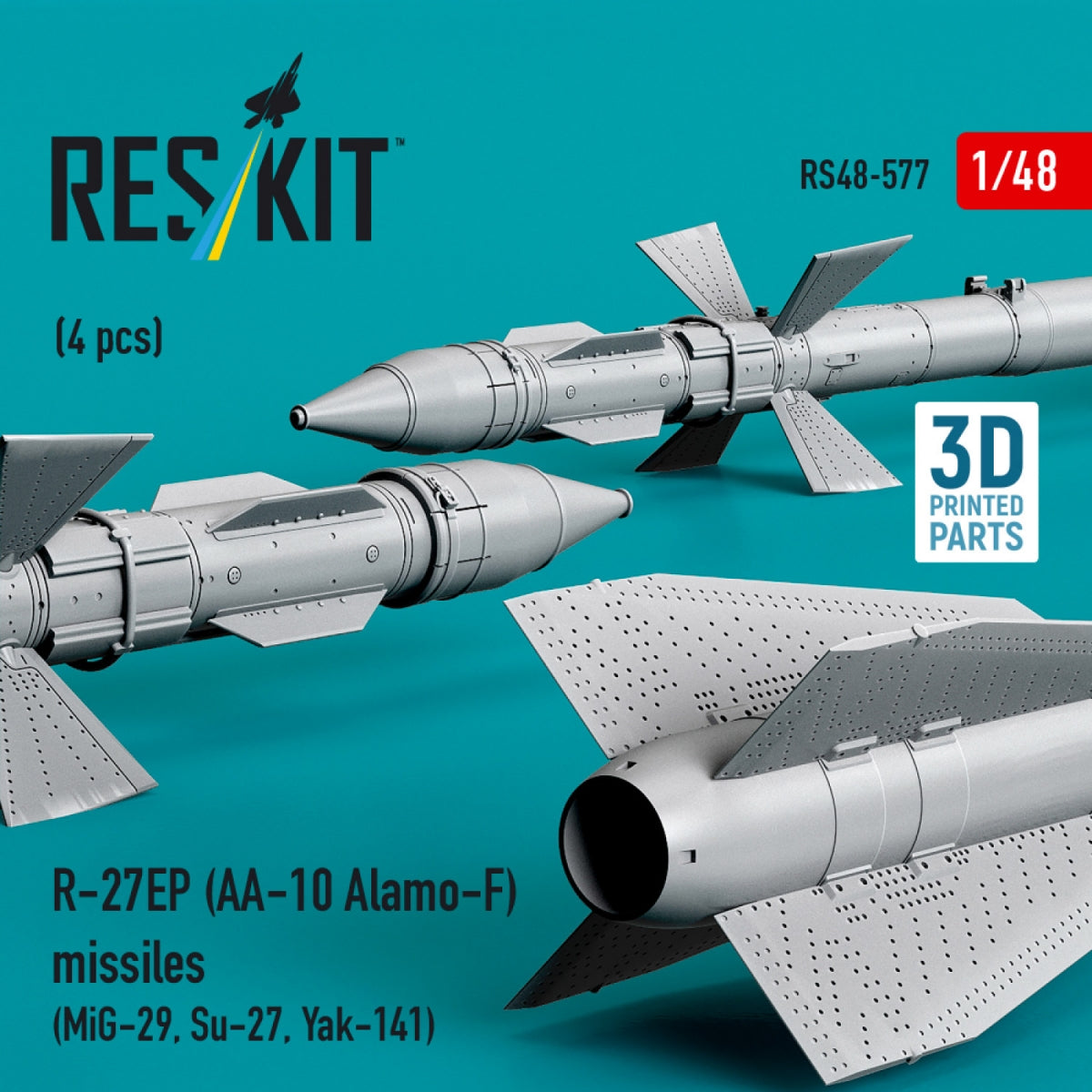 RESKIT RS48-0577 R-27EP (AA-10 Alamo-F) missiles (4 pcs) (MiG-29, Su-27, Yak-141) (3D Printed) 1/48
