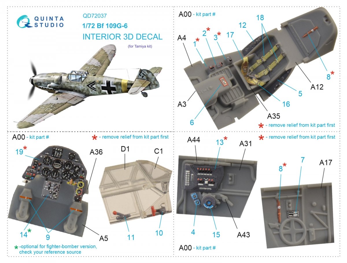 Quinta Studio QD72037 Bf 109 G-6 3D-Printed &amp;amp; coloured Interior on decal paper (Tamiya) 1/72 – zdjęcie 2