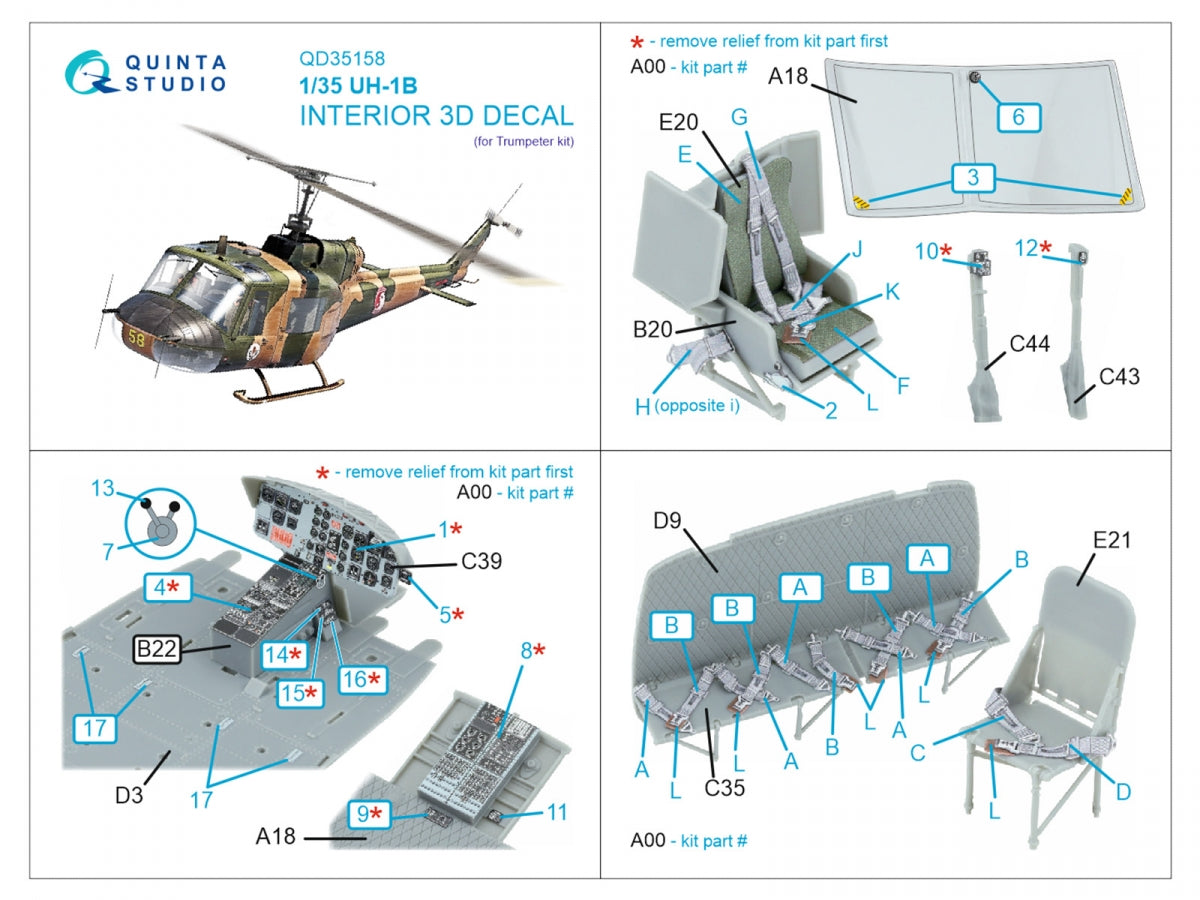 Quinta Studio QD35158 UH-1B 3D-Printed &amp;amp; colored Interior on decal paper (Trumpeter) 1/35 – image 2