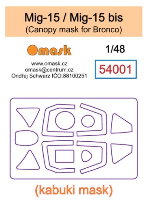 Omask 54001 Mig-15 / Mig-15 bis canopy mask (Bronco) 1/48