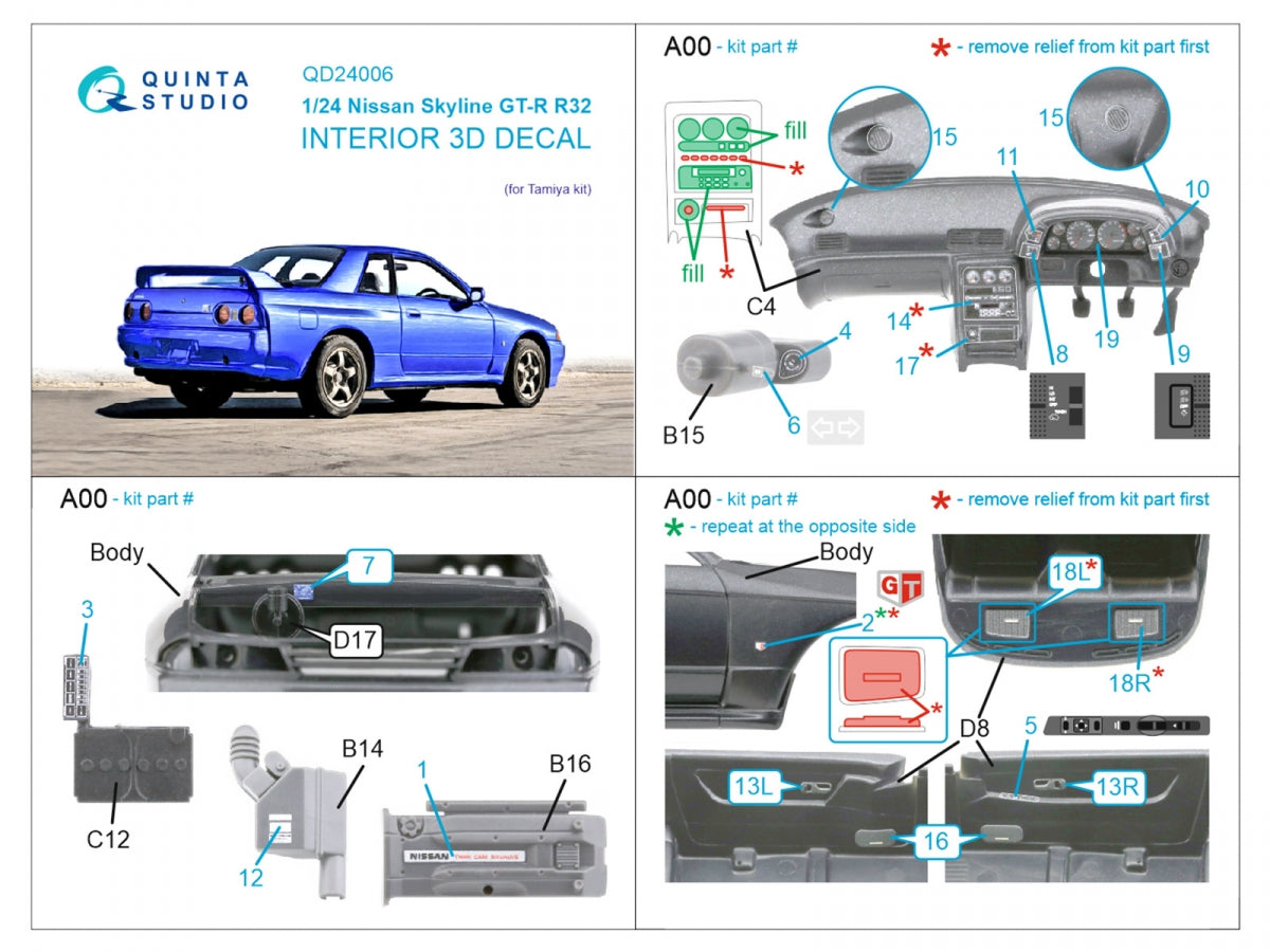 Quinta Studio QD24006 Nissan Skyline GT-R R32 3D-Printed &amp;amp; colored Interior on decal paper (Tamiya) 1/24 – image 2