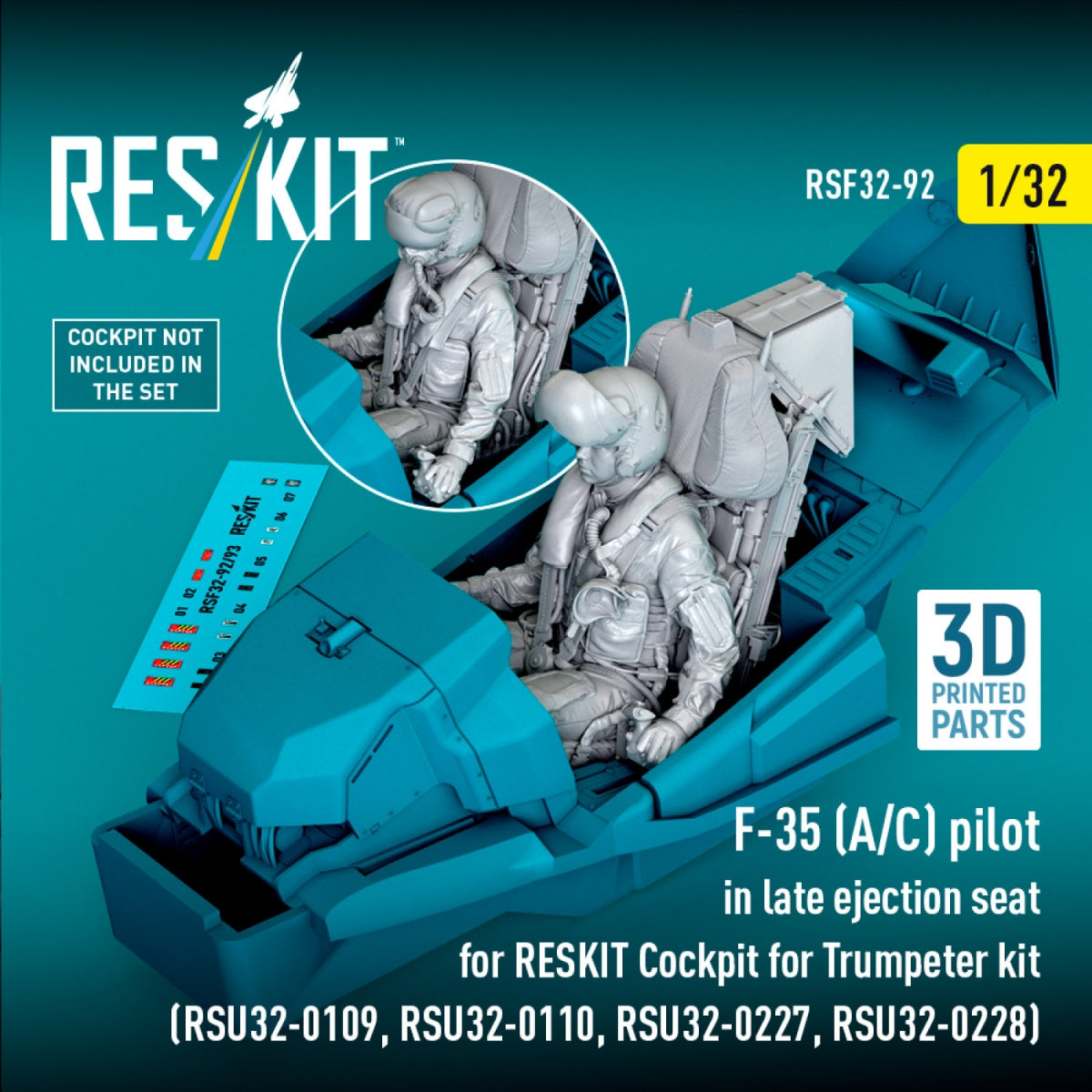 RESKIT RSF32-0092 F-35 (A/C) pilot in late ejection seat for RESKIT Cockpit for Trumpeter kit (RSU32-0109, RSU32-0110, RSU32-0227, RSU32-0228) (3D Printed) 1/32