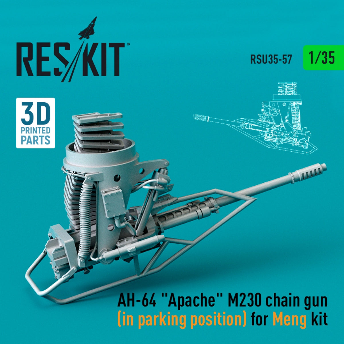 RESKIT RSU35-0057 AH-64 "APACHE" M230 CHAIN GUN (IN PARKING POSITION) FOR MENG KIT (3D PRINTED) 1/35