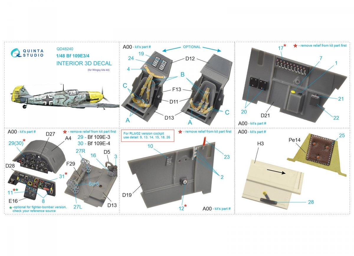 Quinta Studio QD48240 Bf 109E-3/4 3D-Printed &amp;amp; colored Interior on decal paper (Wingsy kits) 1/48 – image 2