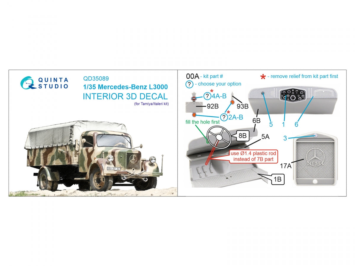 Quinta Studio QD35089 Mercedes-Benz L3000 3D-Printed &amp;amp; coloured Interior on decal paper (Tamiya/Italeri) 1/35 – zdjęcie 2