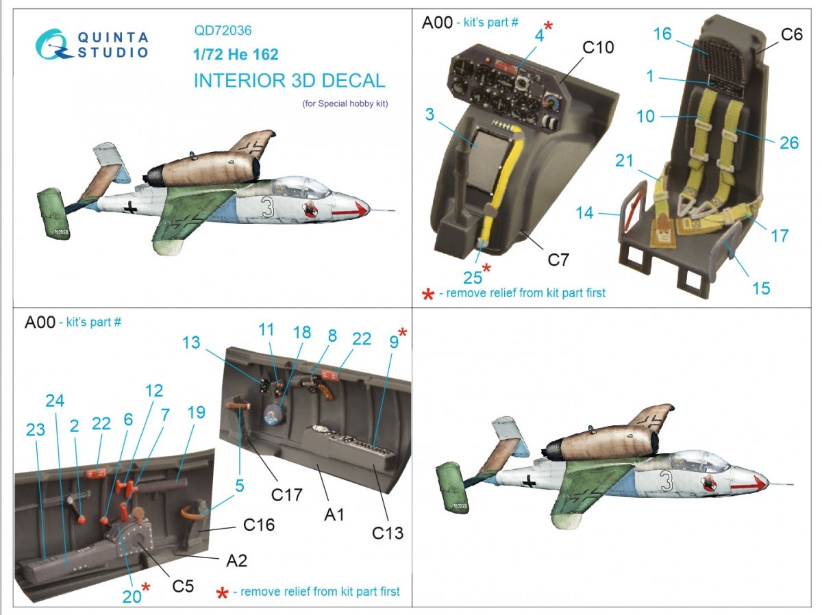 Quinta Studio QD72036 He 162 3D-Printed &amp;amp; coloured Interior on decal paper (Special Hobby) 1/72 – zdjęcie 11