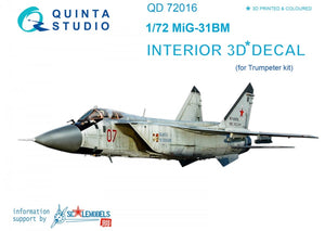 Quinta Studio QD72016 MiG-31BM 3D-Printed &amp;amp; colored Interior on decal paper (for Trumpeter kit) 1/72