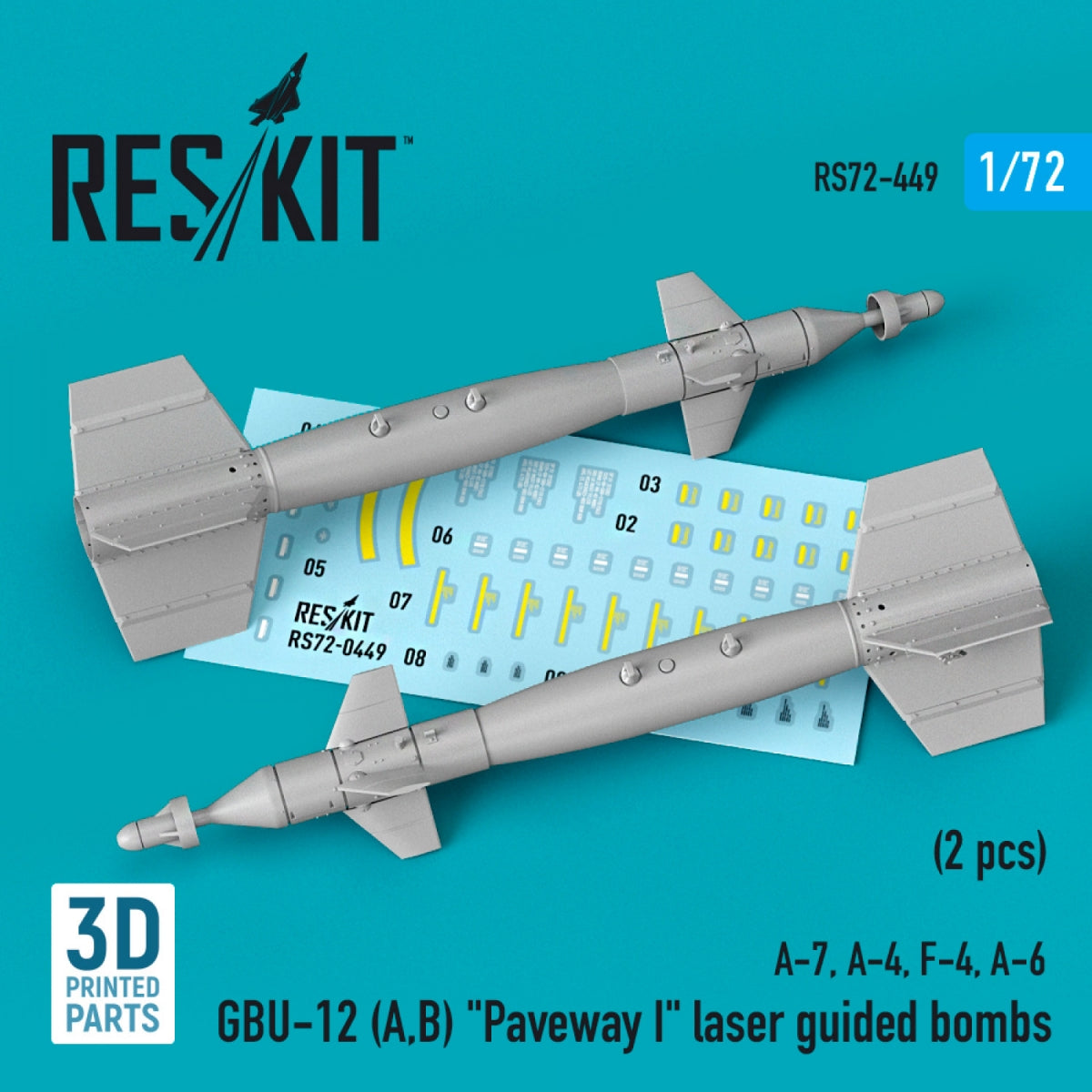 RESKIT RS72-0449 GBU-12 (A,B) "PAVEWAY I" LASER GUIDED BOMBS (2 PCS) (3D PRINTED) 1/72
