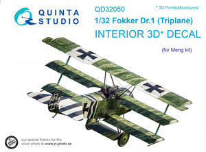 Quinta Studio QD32050 Fokker Dr.1 3D-Printed &amp;amp; coloured Interior on decal paper (for Meng kit) 1/32