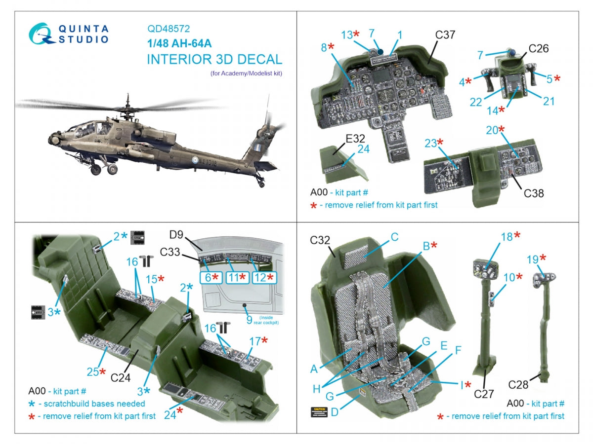 Quinta Studio QD48572 AH-64A 3D-Printed &amp;amp; coloured Interior on decal paper (Academy/Modelist) 1/48 – zdjęcie 12