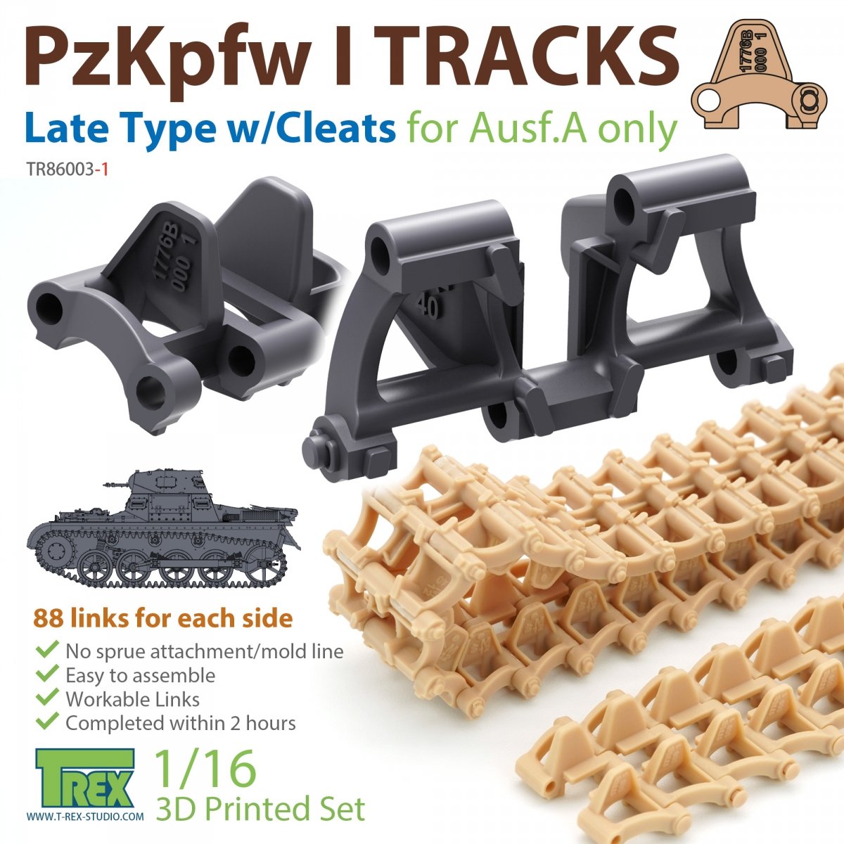 T-Rex Studio TR86003-1 PzKpfw I Tracks Late Type w/Cleats for Ausf.A only 1/16