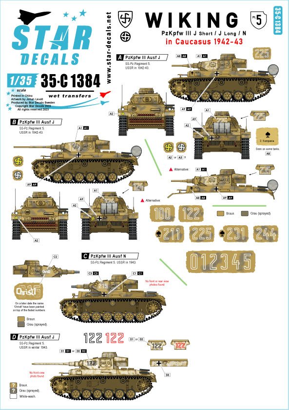 Star Decals 35-C1384 Wiking # 5. 5. SS-Wiking in Caucasus 1942-43. Pz III Ausf J short gun, Pz III Ausf J long gun and Pz III Ausf N. 1/35