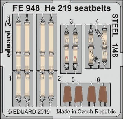 Ceintures de sécurité Eduard FE948 He 219 en acier, échelle 1/48, Tamiya