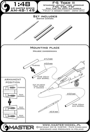 Master AM-48-149 F-5 Tiger II &amp;quot;Freedom Fighter&amp;quot; (round nose version) - F-5A, E, F - detail set - Pitot tube and 20mm gun barrels 1/48 – image 3