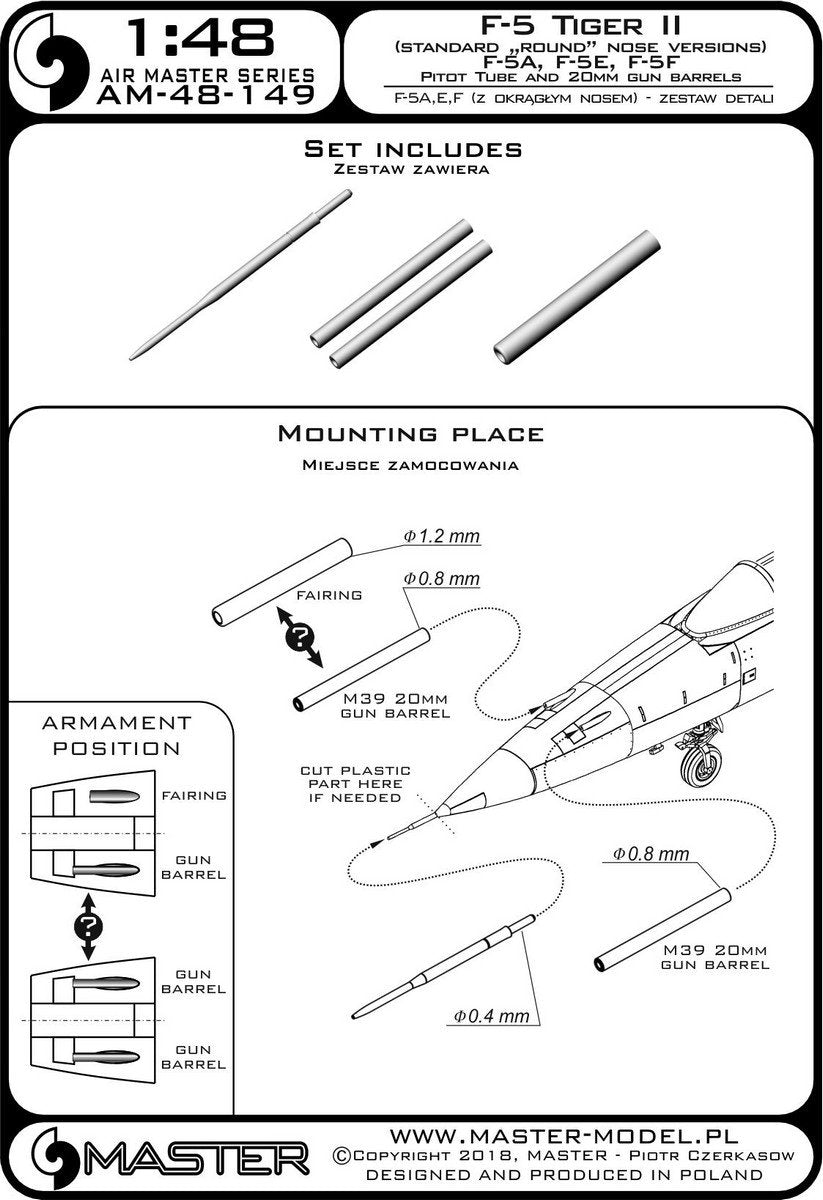 Master AM-48-149 F-5 Tiger II &amp;quot;Freedom Fighter&amp;quot; (round nose version) - F-5A, E, F - detail set - Pitot tube and 20mm gun barrels 1/48 – image 3